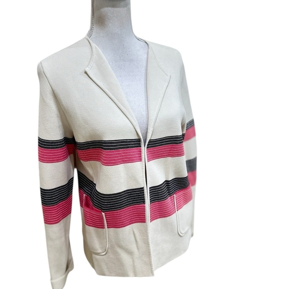 Talbots Cream Knit pink black stripe Sweater jacket hand pockets size large - Picture 4 of 11
